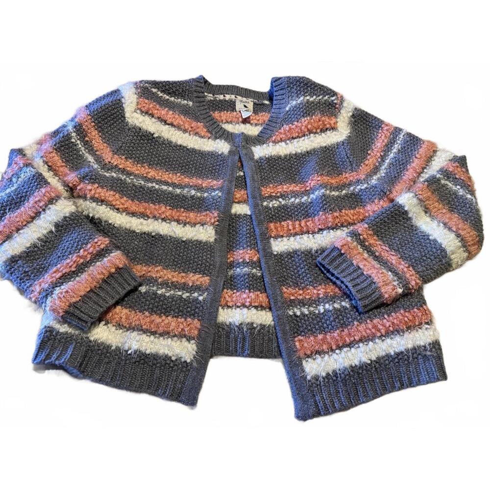 Yumi Knitwear fuzzy striped Open Front Knit Cardigan size 10 Large Boho